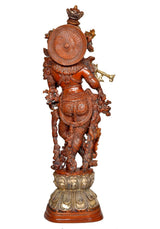 Rear view Krishna brass statue with circular disc backplate, red and gold finish