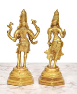 Brass Shiva and Parvati statues, back/side view showing back details, golden tone