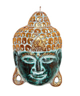 Wooden Buddha mask wall hanging, front view with teal face, gold detailing, and hanging loop