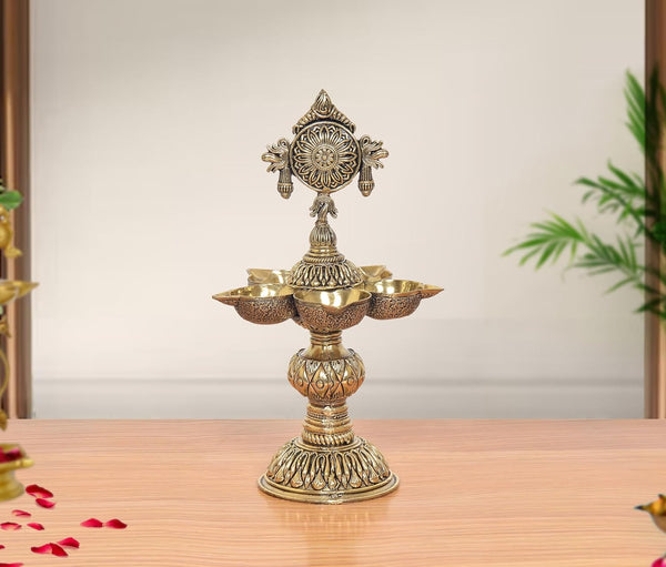 Superfine Brass Oil Lamp Five Diya Lamp Stand (Height: 8 inch)