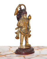 Brass Hanuman Ji back/side view statue with dark red headpiece and gold detailing