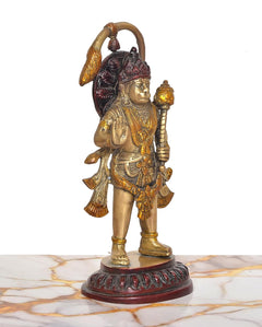 Brass Hanuman Ji back/side view statue with dark red headpiece and gold detailing
