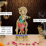 Brass Lord Krishna flute idol, 12-inch; multicolor jeweled outfit with blue and red details