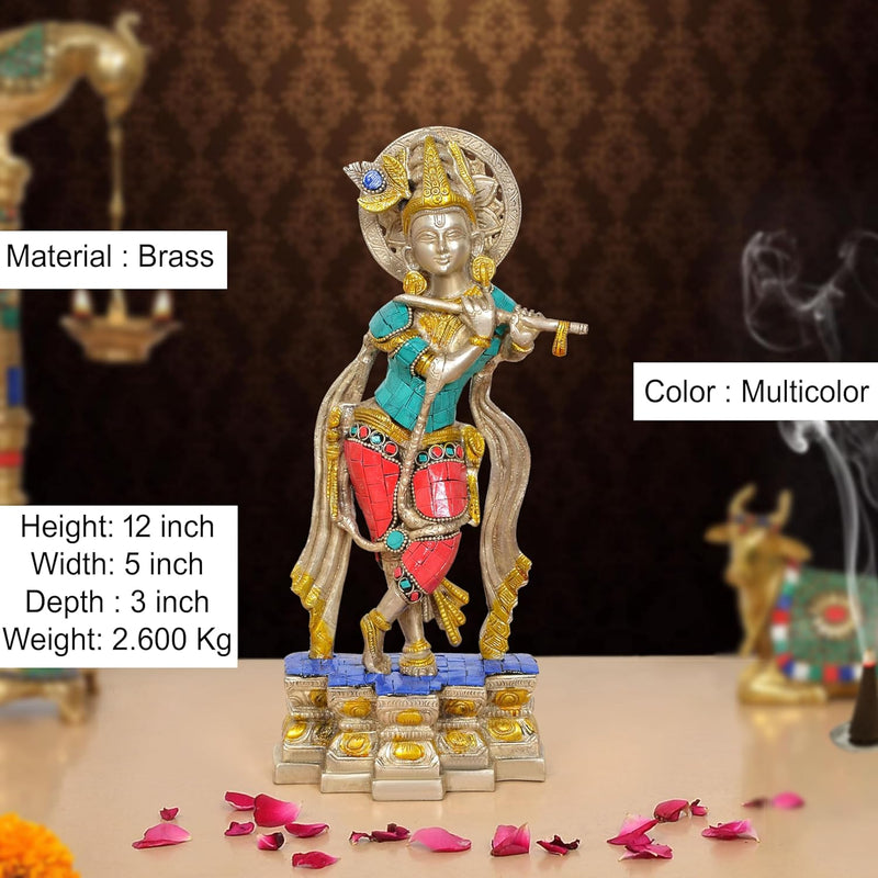 Brass Lord Krishna Idol Sculpture Playing Flute (Height 12 Inch)