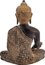 Brass Buddha statue seated cross-legged, back view with engraved gold patterns, 10 in