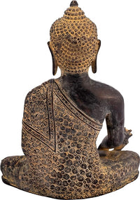 Brass Buddha statue seated cross-legged, back view with engraved gold patterns, 10 in