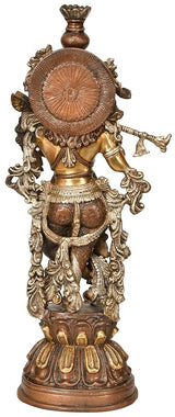 Brass standing Krishna statue with flute, detailed back ornament and crown