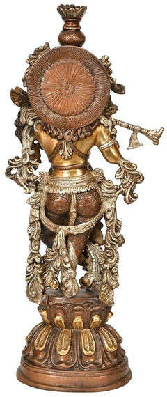 Brass standing Krishna statue with flute, detailed back ornament and crown