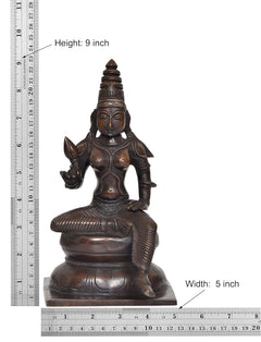 Parvati statue with height 9 inch label; bronze seated goddess on pedestal base
