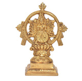 Brass Yoga Narasimha with Vishnu statue in ornate ring halo, seated on pedestal base