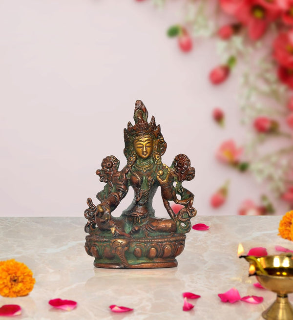 Brass Tara Devi Statue - Green Tara for Worship, Meditation Spaces, for Home Decor and Office, or as a Thoughtful Spiritual Gift. (Height 3.5 Inch)