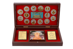 Open Metal Mahaveer Swami keepsake box with coin medallions and central figure