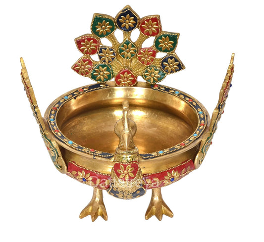 Brass Peacock Design Brass Urli - Handcrafted Traditional Decor Bowl for Weddings, Diwali, and Home Entrance Decor (Height 8 Inch) (Multicolor 2)