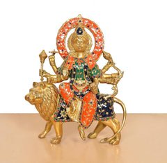 Estatua de Durga de latón multicolor con león, vista frontal, manos con armas