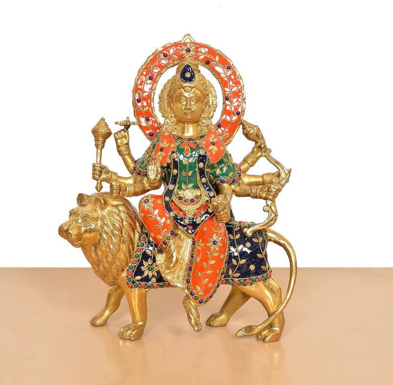 Brass Durga Maa with Lion Statue (Height: 14 Inch)