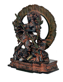 Brass Durga Maa statue in circular arch, multi-armed form, trident, lion at base