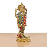 Reverse-angle Vishnu idol, gold tone with multicolor jewel borders on garments