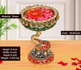 Brass elephant urli idol with ghungroo, multicolor, flower-filled bowl, 9 in