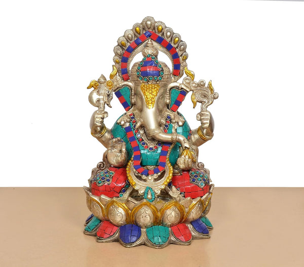 Brass Lord Ganesha Sitting On Lotus (Height: 12.5 Inch) Study Setting