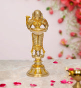 Brass Deeplakshmi statue with parrot, holding a lit bowl, on round base stand