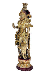 Brass Radha Rani statue in profile, raised hand, elaborate jewelry, standing on base