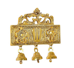 Gold Balaji metal wall hanging with Sanku Chakra Namam motifs and three bells
