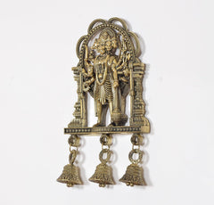 Bronze Panchmukhi Hanuman wall idol with halo arch and three bells, side angle.