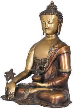 Antique brass seated Buddha figurine, side view with raised hand and decorative hem