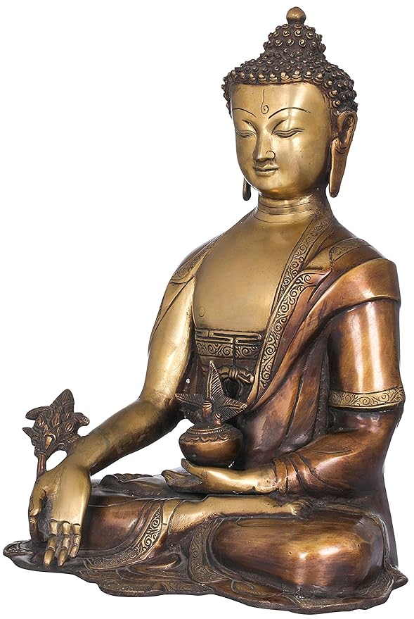 Brass Lord Buddha Statue Awakened in Antique (Height: 15.5 inches)