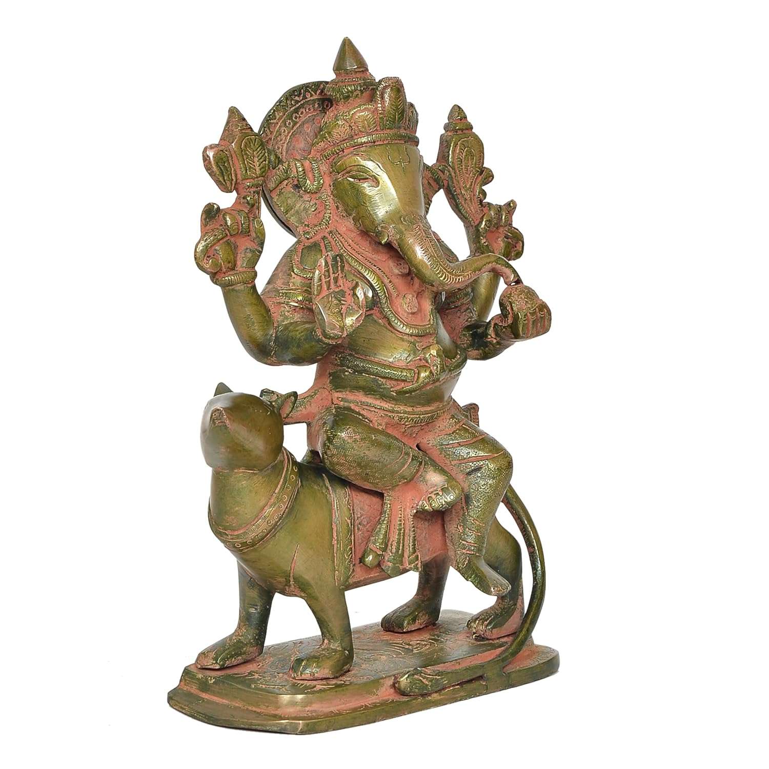 Brass Lord Ganesha Sitting on Mouse Figurine (Height 9.5 Inch)
