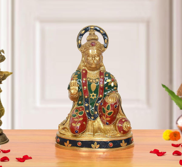 Brass Hanuman Ji Sitting Murti in Blessing Posture with Gada (Height: 9 inch)