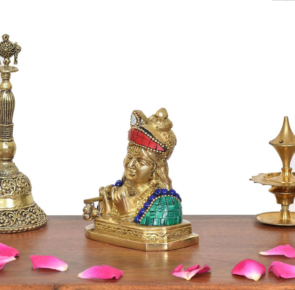 Brass Krishna Idol Figurine Playing Flute (Height :3.5 inch) Study Setting