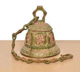 Brass temple hanging bell front view with Ram Darbar panel and hanging loop