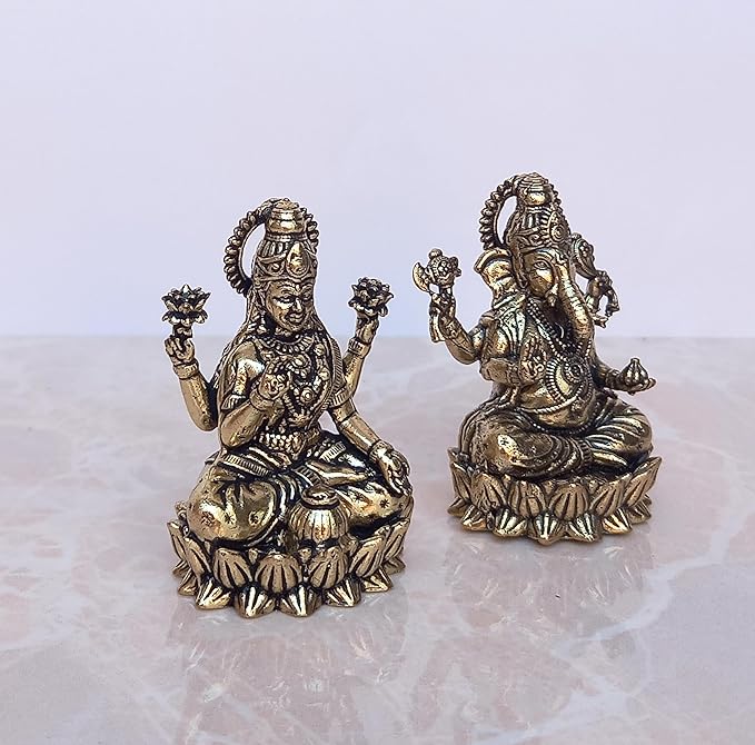 Super Fine Brass Lakshmi Ganesha Idol Laxmi Ganesh Diwali Pooja Gift Decoration Showpiece (Height 2 Inch)