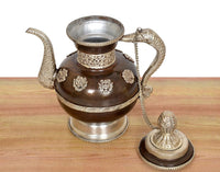 Brass teapot with embossed spout opening, detailed neck collar, dark brown tank