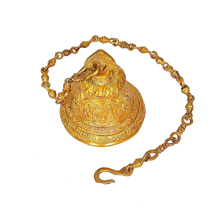 Ganesha Solid Bell with Deep Sound Antique Style Home Decor for Wall Door Mandir Temple Brass (Height: 37 Inch)