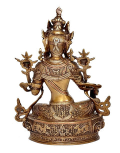 Tara Buddha Statue, goldfarbene Ausführung mit hochstehender Krone und vielen Emblemen