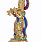 Brass Krishna Statue Idol Playing Flute with Frame for Home Decor | Height : 8.5 Inches (Multi Stone)