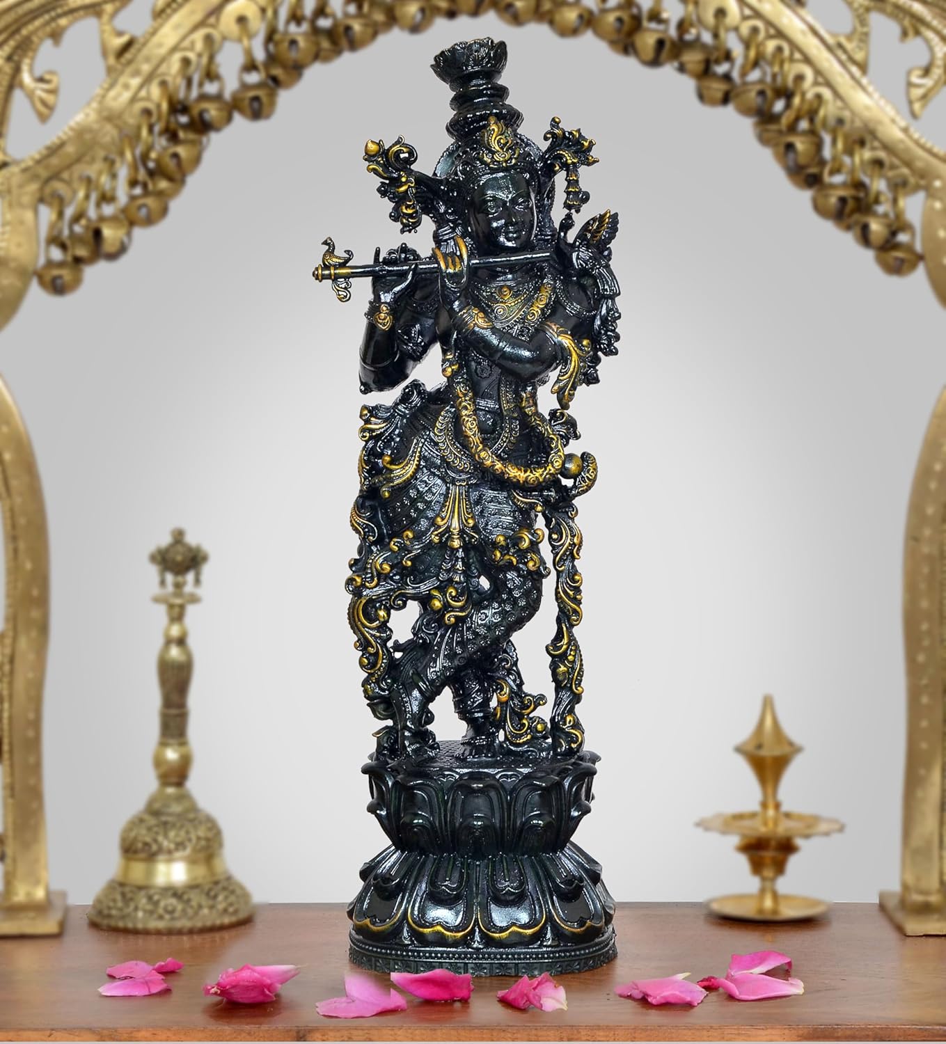 Bronze Lord Krishna Figurine Playing Flute (Height 12 Inch)