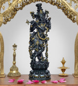 Lord Krishna figurine in dark brass, playing flute, ornate details, 12 inch height