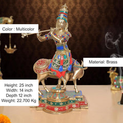 AONA Krishna on cow idol, multicolor brass statue, Height 25 inch