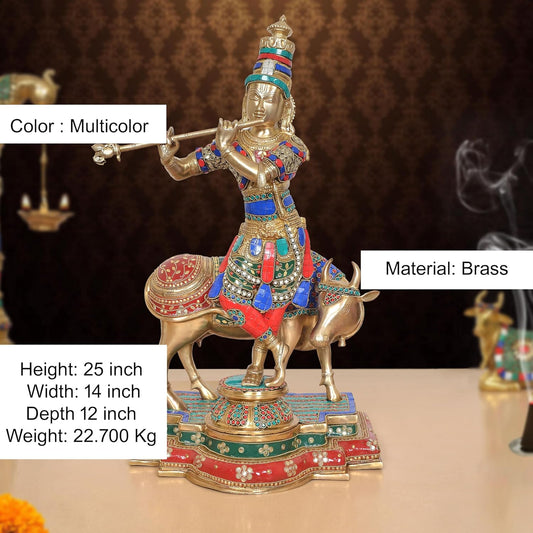 Brass Lord Krishna with Cow Idol (Height 25 Inch)