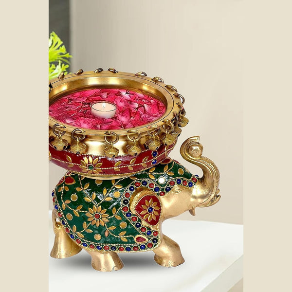 Brass Elephant with Urli Statue (Height : 9 Inches)