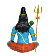 Hand-painted Shiva brass murti: blue back view, golden trident beside seated figure