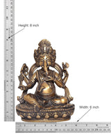 Ganesha statue showing size: 8 inch height, 6 inch width; seated on lotus pedestal