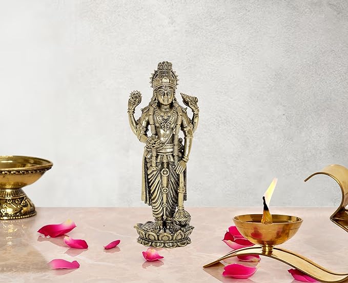 Brass Lord Vishnu idol statue for mandir, intricate detailing, 5 inch height