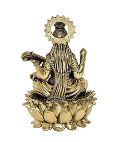 Brass Saraswati figurine on lotus, back view with halo, draped attire