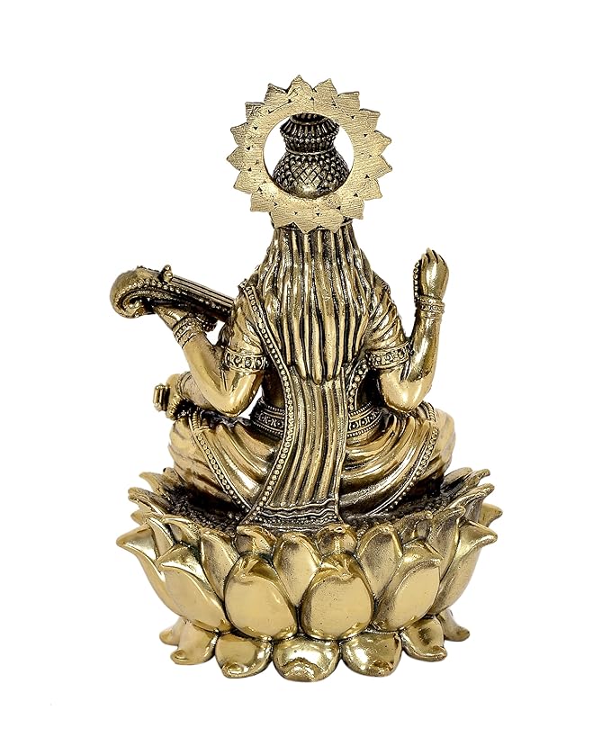 Fine Brass Goddess Saraswati Sitting On Swan Devi of Study Maa Saraswati (Height: 6 Inch)