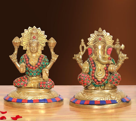 Brass Lakshmi Ganesha Statue - Handcrafted (Height: 5 Inch)