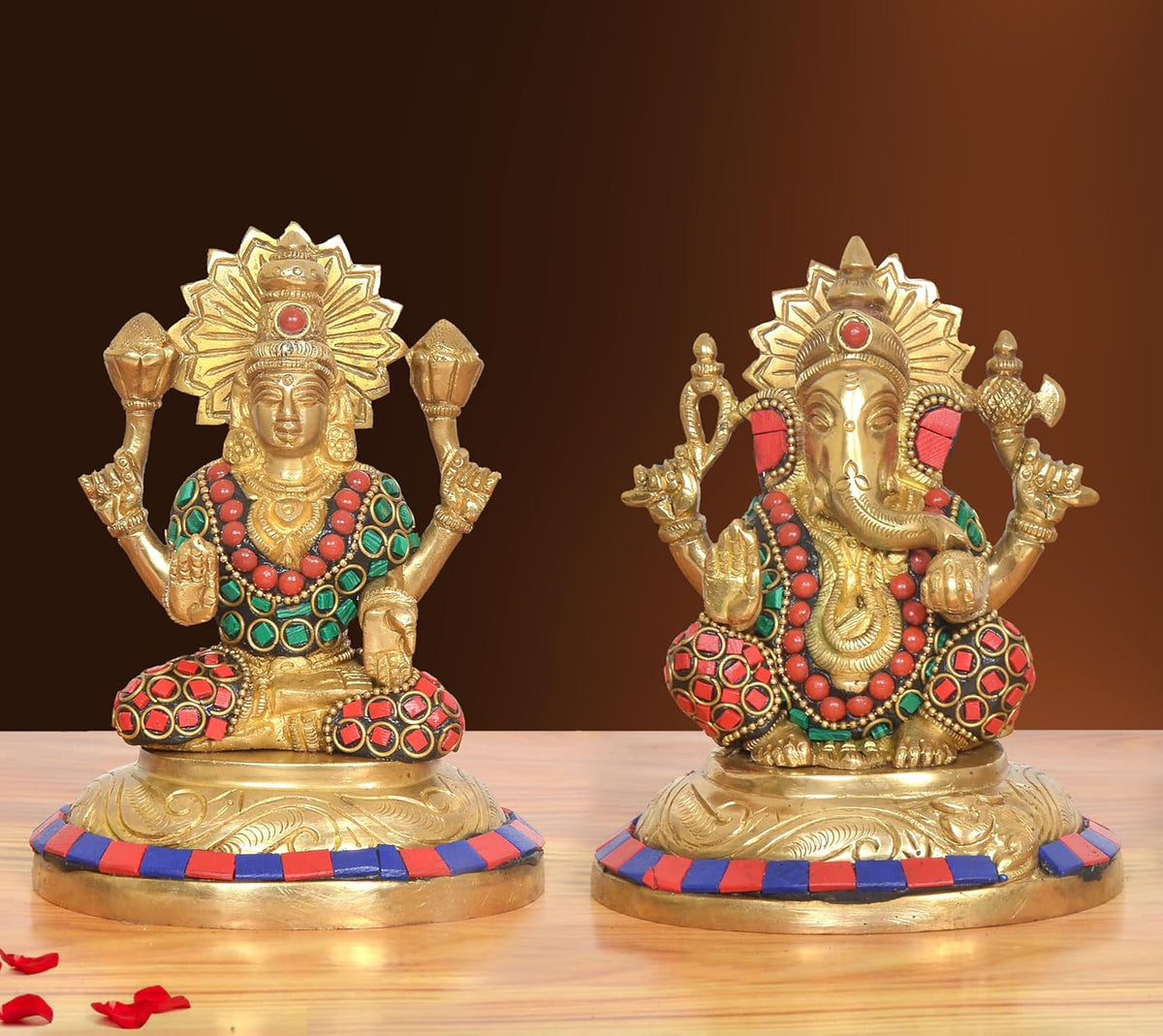 Brass Lakshmi Ganesha Statue - Handcrafted (Height: 5 Inch)